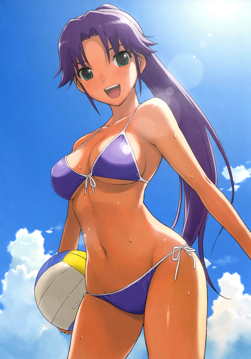 :d absurdres asuka_(dream_c_club_zero) ball bikini blue_bikini blue_sky breasts carrying carrying_against_hip carrying_under_arm cleavage cloud contrapposto cowboy_shot day dream_c_club dream_c_club_(series) dream_c_club_zero dutch_angle female from_below front-tie_bikini_top front-tie_top green_eyes groin halterneck highres holding holding_ball large_breasts lens_flare long_hair mole mole_under_eye morisawa_haruyuki navel open_mouth outdoors photoshop_(medium) ponytail purple_hair scan side-tie_bikini_bottom sidelocks sky smile solo standing string_bikini swimsuit teeth underboob upper_teeth_only volleyball volleyball_(object) wet