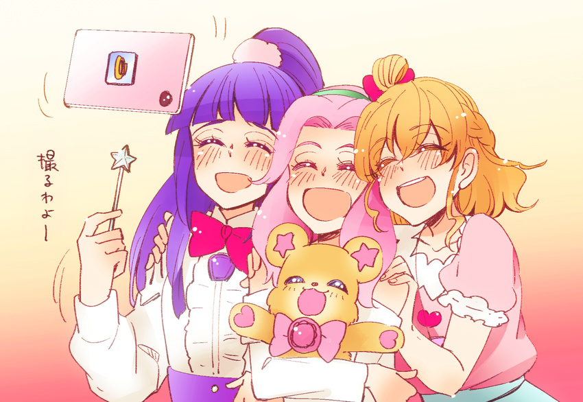 3girls :d asahina_mirai blonde_hair blush bow braid cellphone closed_eyes commentary_request hairband half_updo hanami_kotoha highres izayoi_liko long_hair mahou_girls_precure! mofurun_(mahou_girls_precure!) multiple_girls open_mouth phone pink_hair precure purple_hair selfie smartphone smile sorato_(astllatte) star_wand tablet_pc taking_picture translation_request wand