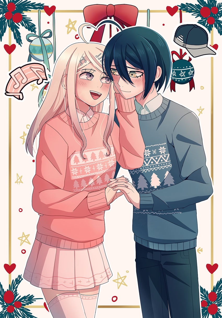 ahoge akamatsu_kaede black_hair black_pants blonde_hair blush bow cheer_(cheerpuppy14) christmas_ornaments collared_shirt danganronpa_(series) danganronpa_v3:_killing_harmony english_commentary female green_sweater hair_ornament heart_ahoge_duo highres interlocked_fingers long_hair long_sleeves musical_note musical_note_hair_ornament open_mouth pants pink_sweater pleated_skirt red_bow saihara_shuichi shirt skirt smile sweater thighhighs tree_print unworn_headwear white_legwear white_shirt zettai_ryouiki