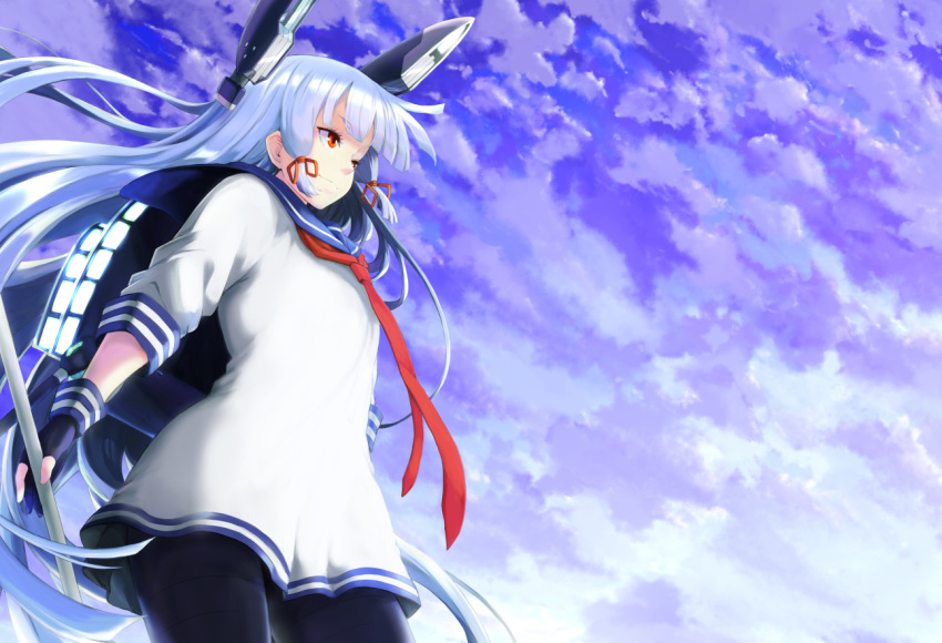 blunt_bangs female grey_hair headgear kantai_collection lefthand long_hair murakumo_(kancolle) necktie orange_eyes sidelocks solo very_long_hair