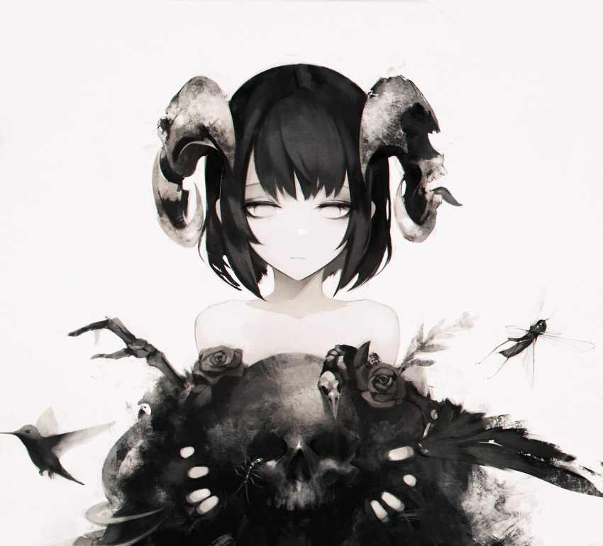 absurdres bare_shoulders bird black_flower black_hair black_rose blank_eyes bone bug centipede demon_girl female flower frown gyup highres holding holding_skull horns horror_(theme) hummingbird locust monochrome muted_color original revision rose short_hair simple_background skull solo vulture white_background