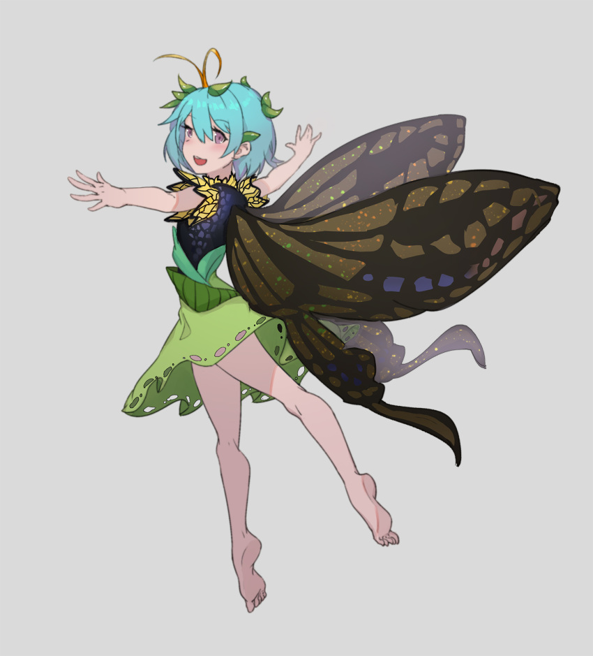 antennae aqua_hair bad_id bad_pixiv_id barefoot blush butterfly_wings dress eternity_larva fairy female full_body green_dress grey_background hair_between_eyes highres insect_wings leaf leaf_on_head multicolored_clothes multicolored_dress oooomiga open_mouth purple_eyes short_hair short_sleeves simple_background smile solo third-party_source touhou wings