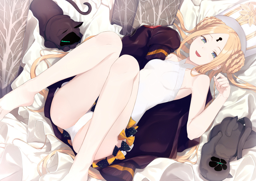 abigail_williams_(fate) abigail_williams_(swimsuit_foreigner)_(fate) abigail_williams_(swimsuit_foreigner)_(second_ascension)_(fate) absurdres bare_shoulders barefoot blonde_hair blue_eyes blush bow breasts fate/grand_order fate_(series) feet_up female forehead highres keyhole kurogiri long_hair looking_at_viewer lying on_back one-piece_swimsuit parted_bangs sidelocks small_breasts solo swimsuit thighs very_long_hair white_headwear white_one-piece_swimsuit