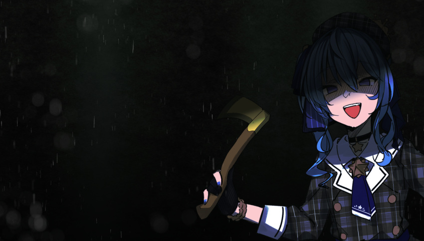 axe black_gloves black_jacket blue_eyes blue_hair blue_nails blue_necktie bracelet commentary dark female gloves golden_axe_(weapon) holding holding_axe hololive hoshimachi_suisei hoshimachi_suisei_(1st_costume) jacket jewelry long_hair long_sleeves looking_at_viewer necktie open_mouth partially_fingerless_gloves plaid plaid_jacket shaded_face smile solo tenbin_gashira upper_body virtual_youtuber