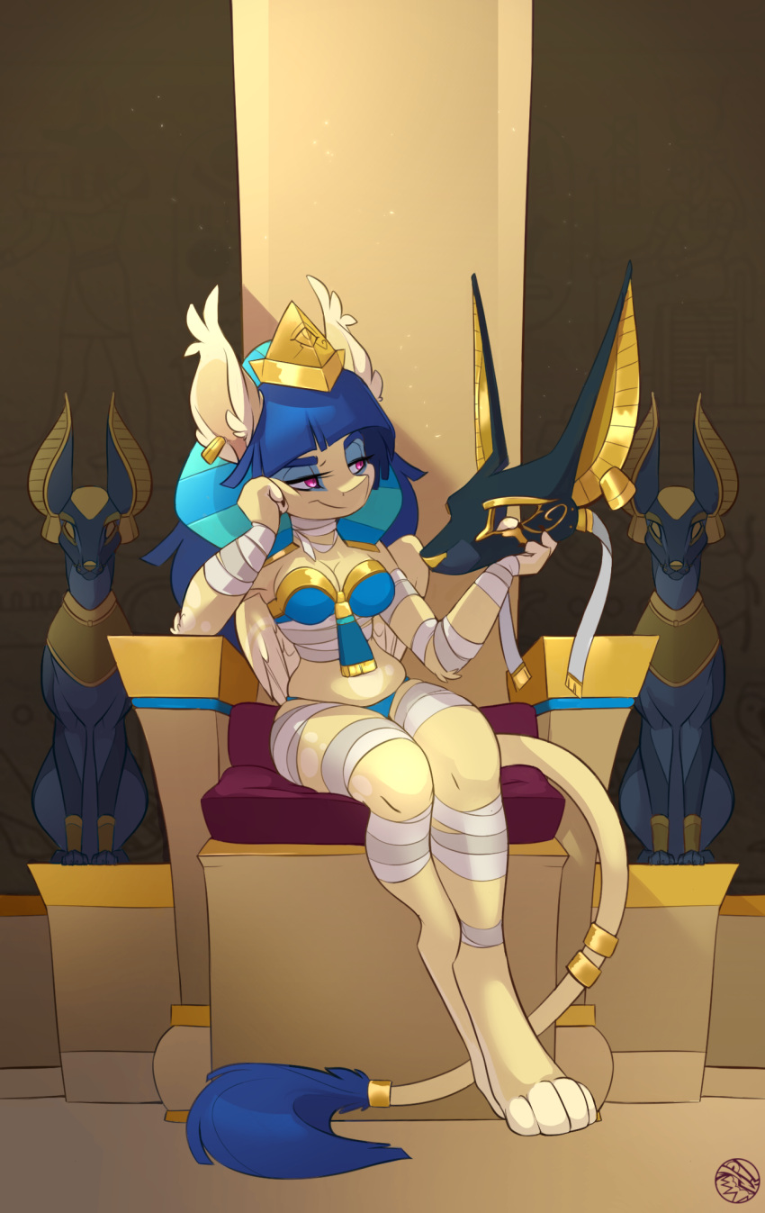 2019 anthro anubis bandage bra breasts ceremonial chair clothing deity digitigrade domestic_cat egyptian egyptian_mythology eye_of_horus feardakez feathers feet felid feline felis female furniture hat headgear headwear hi_res hindpaw jewelry makeup mammal mask middle_eastern_mythology midriff mummification mummy mythological_creature mythological_sphinx mythology nemes_headdress paws piercing ring shesta slouch solo throne throne_room undead underwear wings wrapping