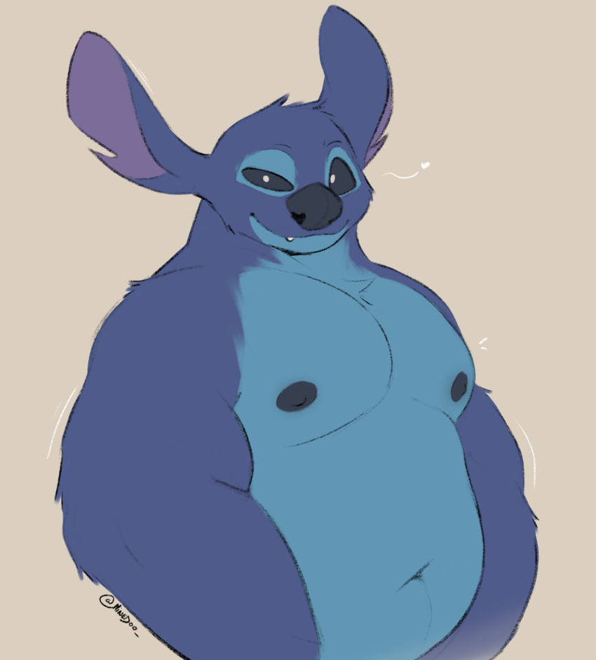 alien anthro blue_body blue_fur chest_tuft clothed clothing disney experiment_(lilo_and_stitch) fur hi_res lilo_and_stitch looking_at_viewer male minedoo musclegut muscular muscular_anthro muscular_male nipples simple_background smile solo stitch_(lilo_and_stitch) topless tuft