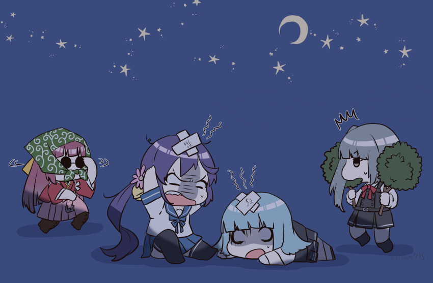 4girls akebono_(kancolle) bell black_thighhighs blue_hair blue_skirt bow crescent_moon dress flower grey_hair hair_flower hair_ornament hairbow hakama hakama_skirt hatsukaze_(kancolle) highres japanese_clothes jingle_bell kamikaze_(kancolle) kantai_collection kasumi_(kancolle) kasumi_kai_ni_(kancolle) kimono long_hair long_sleeves meiji_schoolgirl_uniform moon multiple_girls nami_nami_(belphegor-5812) neck_ribbon night pinafore_dress pink_hakama pleated_skirt purple_hair red_kimono red_ribbon ribbon school_uniform serafuku short_sleeves side_ponytail skirt sleeveless sleeveless_dress star_(sky) thighhighs twin-bush_disguise very_long_hair white_hair yellow_bow