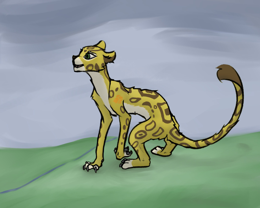 2022 5:4 cheetah crouching detailed_background digital_drawing_(artwork) digital_media_(artwork) disney felid feline female feral franse fuli fur green_eyes happy hi_res mammal markings open_mouth outside solo spots spotted_body spotted_fur the_lion_guard the_lion_king toony