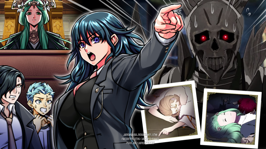 3boys 4girls bad_id bad_pixiv_id byleth_(female)_(fire_emblem) byleth_(fire_emblem) caspar_von_bergliez death_knight_(fire_emblem) evidence_markers fire_emblem fire_emblem:_three_houses flayn_(fire_emblem) formal gyakuten_saiban hubert_von_vestra jadenkaiba long_hair manuela_casagranda monica_von_ochs multiple_boys multiple_girls necktie objection open_mouth photo_(object) pointing rhea_(fire_emblem) short_hair suit sweat