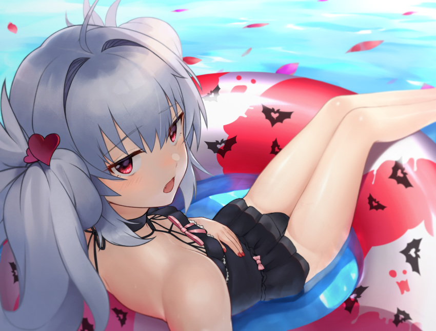 absurdres ahoge black_one-piece_swimsuit bow female grey_hair hair_ornament hand_on_own_stomach heart heart_hair_ornament highres innertube long_hair looking_at_viewer looking_back nail_polish oerba_yun_fang okamen one-piece_swimsuit original petals pink_bow pink_ribbon red_eyes red_nails ribbon sidelocks sitting swim_ring swimsuit twintails water