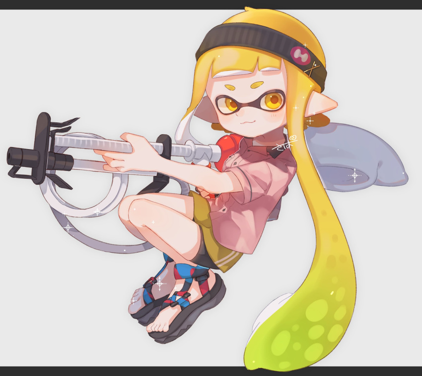 artist_name bad_id bad_twitter_id bike_shorts black_footwear black_headband black_shorts blunt_bangs closed_mouth collared_shirt commentary double_vertical_stripe female floating goo_tuber_(splatoon) gradient_hair green_hair grey_background headband highres holding holding_weapon inkling inkling_girl inkling_player_character legs_up letterboxed long_hair looking_at_viewer miniskirt multicolored_hair orange_eyes orange_hair orange_skirt pink_shirt pointy_ears sahata_saba sandals shirt shorts shorts_under_skirt signature simple_background skirt smile solo sparkle splatoon_(series) splatoon_2 sports_sandals tentacle_hair weapon