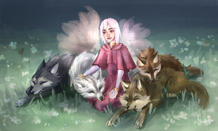 5:3 canid canine canis cheza_(wolf's_rain) clothing cuddling domestic_dog domestic_pet female fennefox feral flower fur grey_body grey_fur group hi_res hige_(wolf's_rain) human kiba_(wolf's_rain) lying male mammal meadow pat_(disambiguation) petting plant red_clothing sleeping toboe_(wolf's_rain) tsume_(wolf's_rain) white_body white_fur wolf wolf's_rain