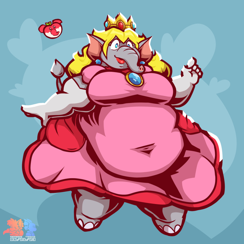 after_transformation alternative_fashion anthro belly big_belly blonde_hair blue_eyes breasts clothing crown dress elephant elephant_fruit elephant_peach elephantid fat_arms female food fruit gloves hair handwear headgear hi_res hime_lolita j-fashion lipstick lolita_(fashion) makeup mammal mario_bros nintendo obese obese_anthro overweight overweight_anthro overweight_female plant power-up princess_peach proboscidean proboscis_(anatomy) solo super_mario_bros_wonder thefoxsista trunk_(anatomy)