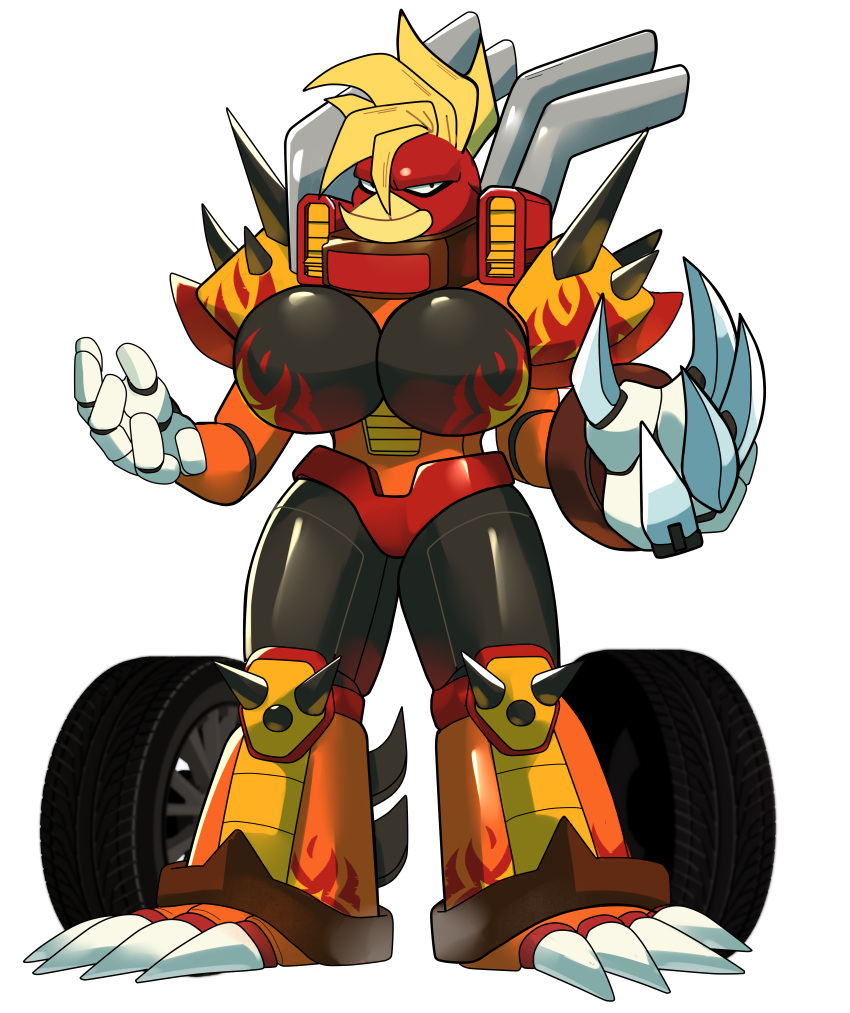 absurd_res anthro armor avian beady_eyes big_breasts breasts car chroma_(famwammer) claws elemental_creature female fruitloop-chan hi_res hot_rod_flames huge_breasts machine mohawk pauldron red_corvette robot smokestack solo spikes vehicle wheel