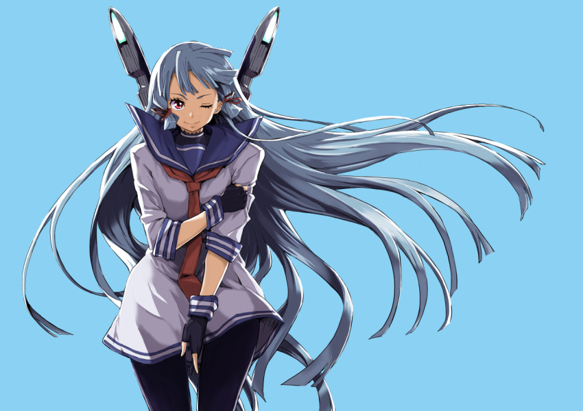 blunt_bangs female grey_hair headgear kantai_collection lefthand long_hair murakumo_(kancolle) necktie orange_eyes sidelocks solo very_long_hair