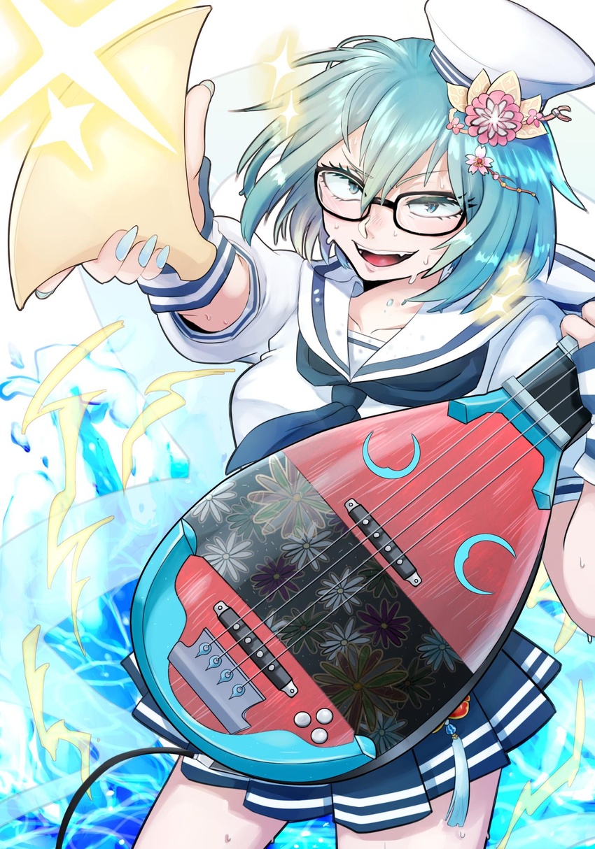 >:) aqua_hair benten_(housamo) biwa_lute blue_eyes breasts cable cherry_blossoms cowboy_shot eyelashes female floral_print glasses hagoromo hair_ornament hat highres hiota_(kuhi_0301) instrument lute_(instrument) medium_hair oerba_yun_fang open_mouth school_uniform shawl shirt skirt smile thighs tokyo_afterschool_summoners v-shaped_eyebrows waves