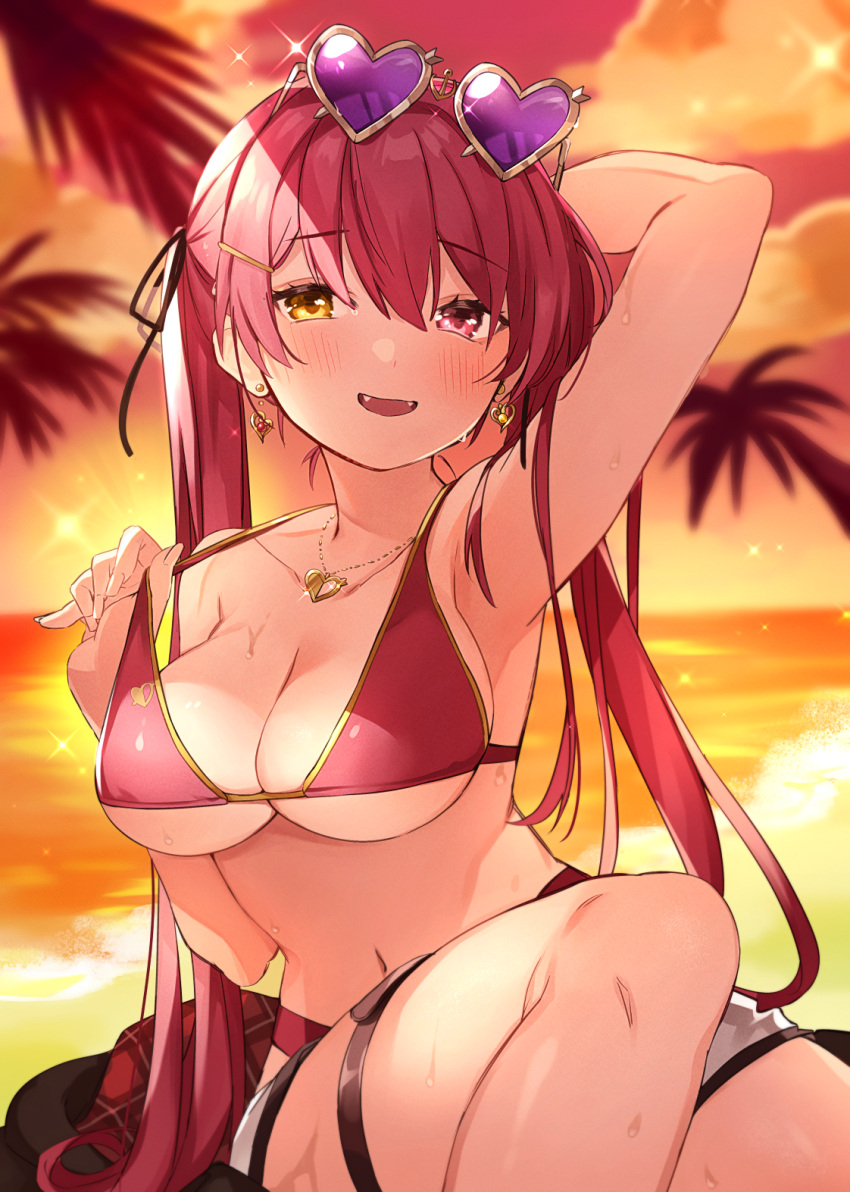 :d armpits beach belt bikini black_ribbon blurry blurry_background blush breasts brown_belt cleavage collarbone dot_nose earrings eyewear_on_head fangs female hair_between_eyes hair_ornament hair_ribbon hairclip heart heart-shaped_eyewear heterochromia highres hololive houshou_marine houshou_marine_(summer) jewelry large_breasts leather_belt long_hair looking_at_viewer navel necklace ocean official_alternate_costume official_alternate_hair_length official_alternate_hairstyle open_mouth orqz outdoors presenting_armpit red_eyes red_hair ribbon ringlets sitting smile solo string_bra sun sunglasses sunset sweat swimsuit thigh_strap tree twintails very_long_hair virtual_youtuber yellow_eyes