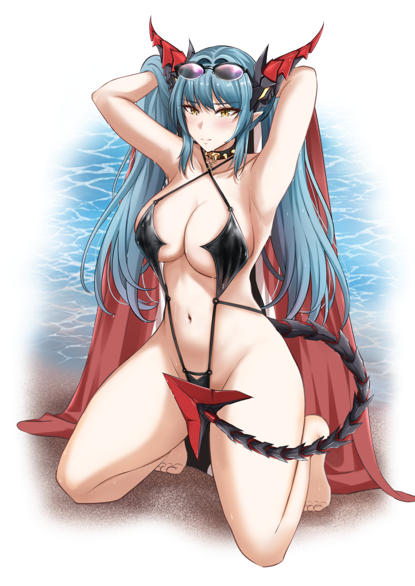 absurdres adone_(pluemza021) armpits arms_behind_back azur_lane beach black_slingshot_swimsuit blue_hair breasts choker collarbone dragon_girl dragon_horns dragon_tail eyewear_on_head female goggles goggles_on_head groin highres holding holding_towel horns kneeling large_breasts long_hair looking_at_viewer mechanical_horns mechanical_tail navel official_alternate_costume pointy_ears regensburg_(azur_lane) regensburg_(dark_dragon_brilliant_beach)_(azur_lane) sand slingshot_swimsuit slit_pupils smile solo spiked_choker spikes stomach swimsuit tail towel twintails water wet yellow_eyes