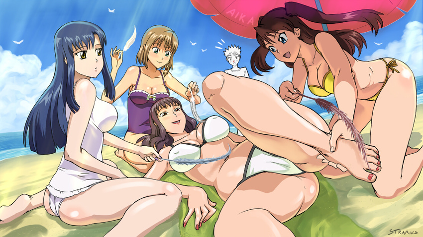 1boy 4girls aika_(series) aika_r-16 artist_name ass bare_legs bare_shoulders barefoot beach beach_towel beach_umbrella bikini bird blood blue_eyes blue_hair blue_sky blush braid breasts brown_eyes brown_hair cameltoe cleavage cloud collarbone commentary copyright_name covered_nipples day english_commentary feathers feet green_eyes gusto_turbulence kneeling large_breasts legs long_hair lying maigleco makeup medium_breasts minamino_karen multiple_girls nagisa_risako nail_polish navel nosebleed on_back on_lap one-piece_swimsuit open_mouth outdoors pink_lips pink_nails purple_hair purple_one-piece_swimsuit red_hair red_nails sand shadow shingai_eri shiny_skin shore short_hair side-tie_bikini_bottom side_braid single_braid sitting sky smile standing sumeragi_aika surprised swimsuit thighs tickling tickling_breasts tickling_feet tickling_navel toes towel twintails umbrella walk-in wariza white_one-piece_swimsuit yellow_bikini