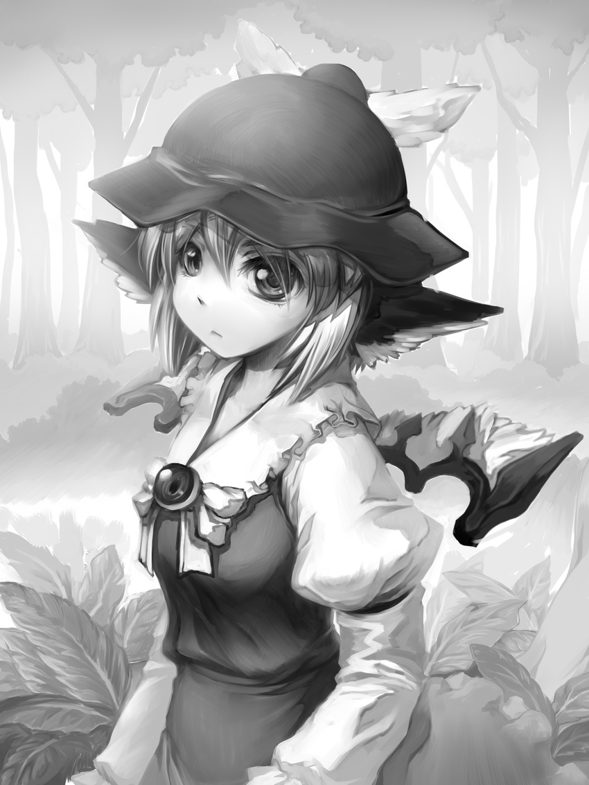 animal_ears commentary_request female forest greyscale hat highres monochrome mystia_lorelei nature outdoors short_hair solo touhou tree upper_body wings you_naka