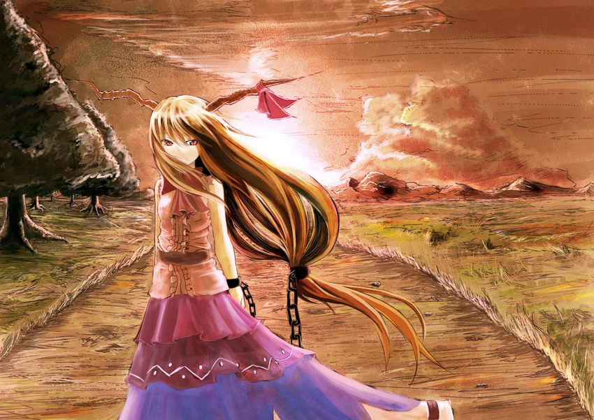 bad_id bad_pixiv_id female grass horns ibuki_suika long_hair marubororaito orange_hair pink_eyes sleeveless solo standing sunset touhou tree very_long_hair