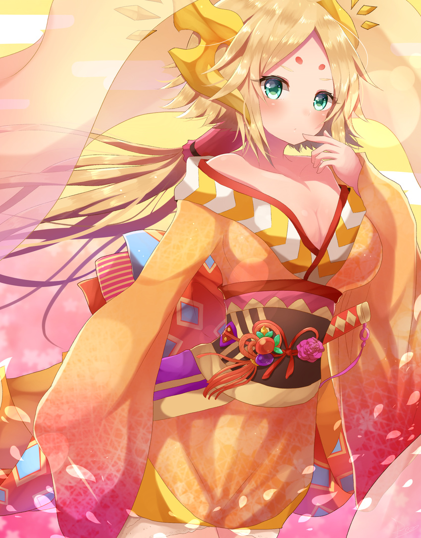 bare_shoulders breasts cleavage commentary_request dragon_girl dragon_horns facial_mark female green_eyes highres horns japanese_clothes kanna_(p&d) kimono large_breasts long_hair looking_at_viewer obi off_shoulder petals pointy_ears puzzle_&_dragons rushin sash shawl solo very_long_hair wide_sleeves wind