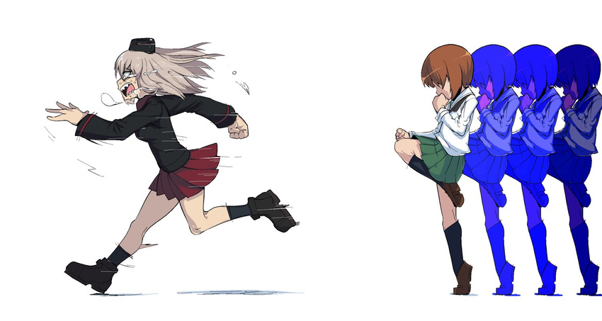 2girls afterimage blonde_hair boots clenched_hands commentary_request crying crying_with_eyes_open fleeing girls_und_panzer hat itsumi_erika kicking knee_up kuromorimine_military_uniform military military_hat military_uniform miniskirt multiple_girls nishizumi_miho ooarai_school_uniform open_mouth parody r-one scared school_uniform serafuku shoes short_hair shun_goku_satsu skirt socks street_fighter tears uniform