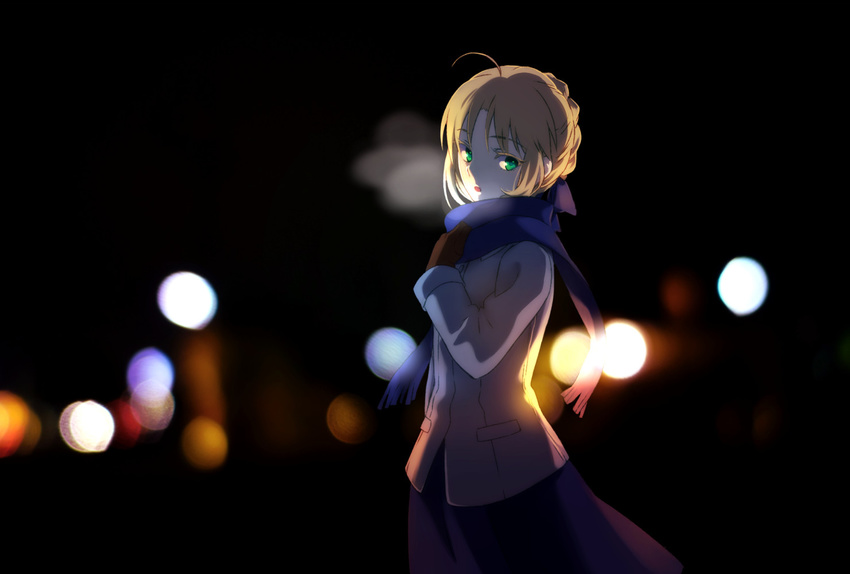 :o ahoge artoria_pendragon_(fate) blonde_hair blue_scarf blurry bokeh breath coat colored_eyelashes commentary_request depth_of_field fate/stay_night fate_(series) female gloves green_eyes kabane_(follabi) long_sleeves looking_at_viewer saber_(fate) scarf skirt solo