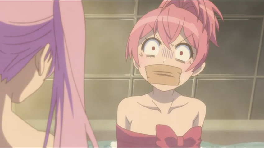 2girls bath bathroom bondage bondage bound gag improvised_gag kasugano_urara_(sabagebu!) multiple_girls nude pink_hair ribbon sabagebu! screencap sonokawa_momoka tape tape_gag you_gonna_get_raped yuri