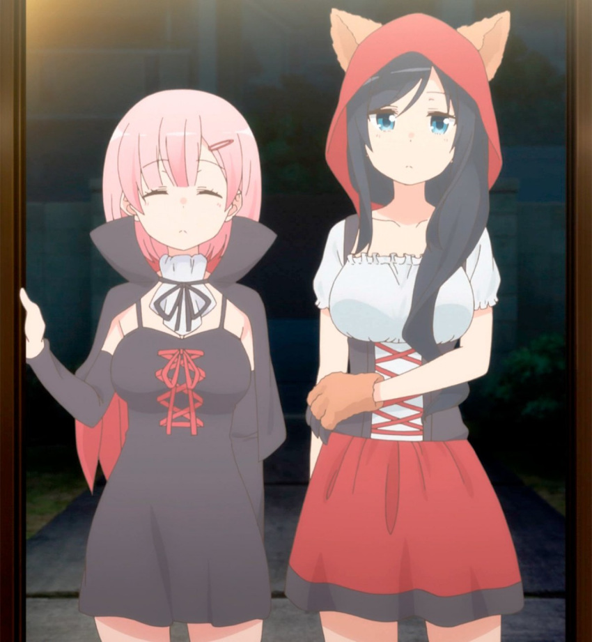 2girls animal_ears anime_screenshot black_hair blue_eyes bob_cut closed_eyes halloween_costume highres kazami_yuri long_hair multiple_girls pink_hair red_hood short_hair stitched sunoharasou_no_kanrinin-san third-party_edit wolf_ears yamanashi_sumire