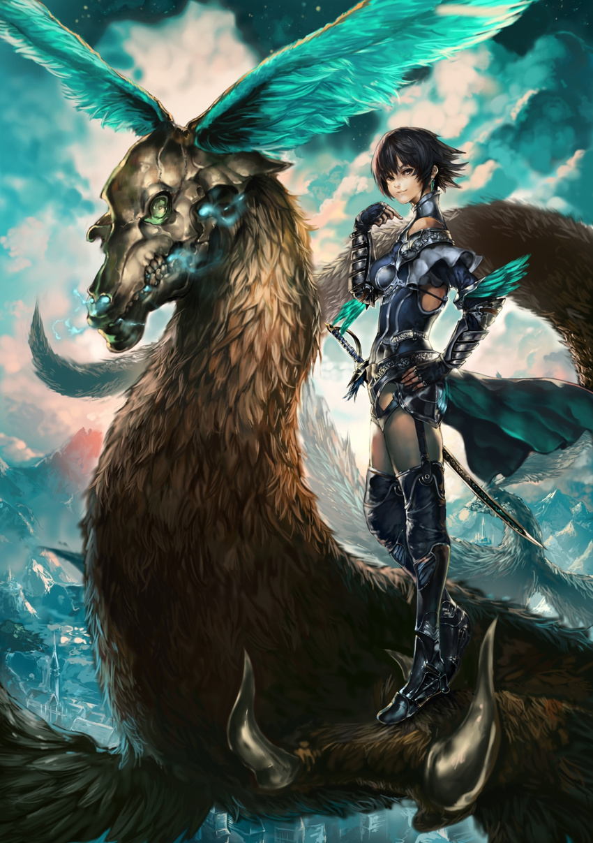 armor bad_id bad_pixiv_id black_hair claws eel_(artist) female hand_on_own_hip highres original short_hair skull solo wings