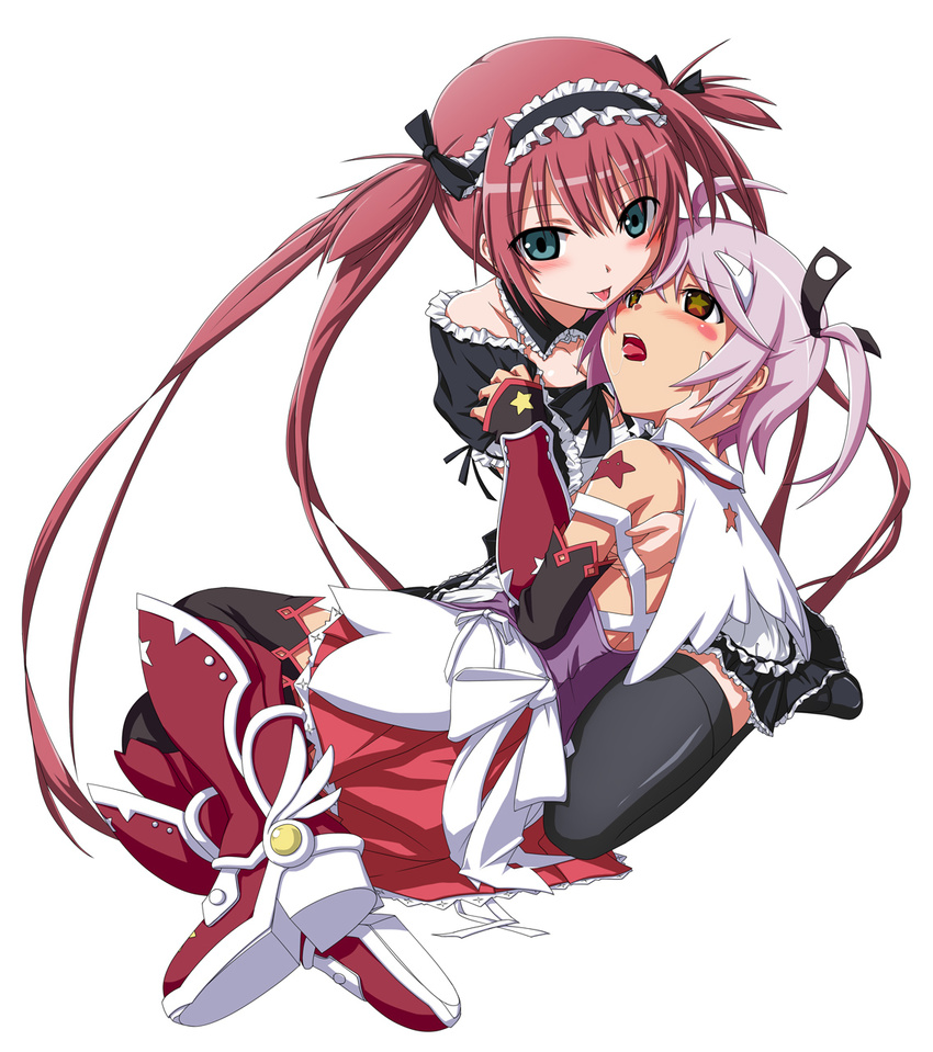 2girls airi_(queen's_blade) airi_(the_infernal_temptress) black_legwear boots commentary_request cute_(queen's_blade) dress frills green_eyes hairband highres kneeling long_hair maid multicolored_eyes multiple_girls open_mouth purple_hair queen's_blade queen's_blade_spiral_chaos red_eyes red_hair saliva saliva_trail shirosame short_hair side_ponytail smile star-shaped_pupils star_(symbol) symbol-shaped_pupils tattoo thighhighs tongue twintails yellow_eyes yuri