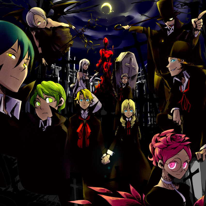 4girls 6+boys annotation_request bat_wings blonde_hair blood coffin commentary_request cross dorothy_nibas doubs_hughley dress everyone ferret_von_balstein gerhard_von_balstein glasses glowing glowing_eyes hat highres hisayuki holding_hands ishibashi_aiji multiple_boys multiple_girls night oerba_yun_fang relic_von_balstein romy_mars selim_verges smile theodosius_m_balstein top_hat valdred_ivonhoe vamp! vampire weapon wings yellow_bridgestone