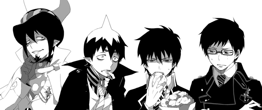 4boys amaimon ao_no_exorcist bad_id bad_pixiv_id brothers cross eating facial_hair finger_in_own_mouth fingerless_gloves food glasses gloves goatee greyscale grin hat mephisto_pheles monochrome multiple_boys necktie oerba_yun_fang okumura_rin okumura_yukio pointy_ears shaded_face siblings simple_background smile striped striped_necktie yomi178