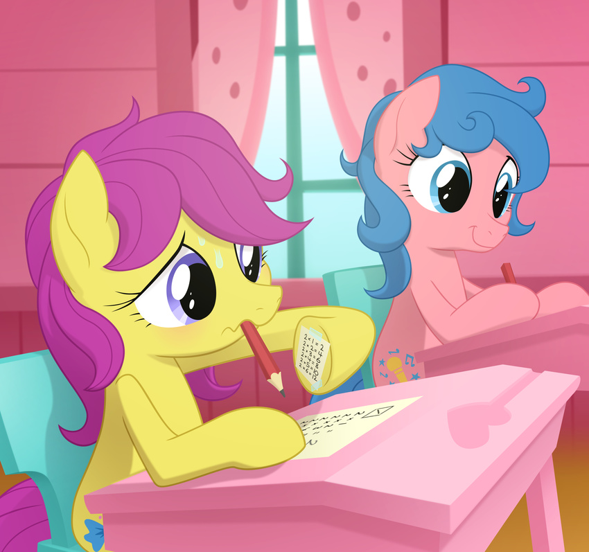 absurd_res blue_eyes blue_hair blush bodily_fluids bonbon_(mlpt) cheat cutie_mark duo equid equine female feral fur g1 goatanimedatingsim hair hasbro heart_symbol hi_res horse mammal melody_(mlp) mlp_g1 my_little_pony my_little_pony_tales pink_body pink_fur pony pre-g4 purple_hair school student sweat yellow_body yellow_fur young young_female young_feral