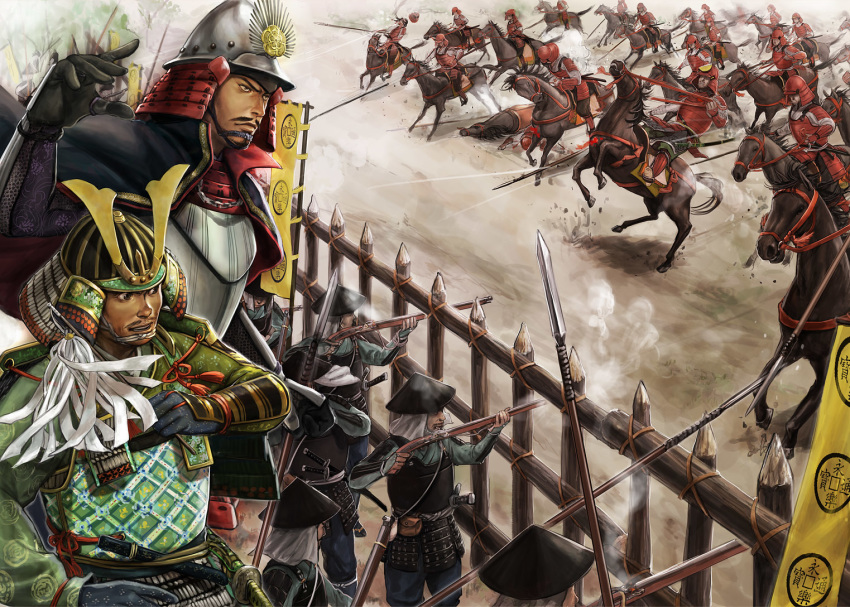 6+boys animal antique_firearm armor army arquebus bad_id bad_pixiv_id banner barding battle battle_standard black_gloves black_hair black_hat bracer breastplate cavalry crest dagger death facial_hair family_crest fence flag gloves gun hand_up hat helmet historical_event horse horseback_riding japan japanese_armor kabuto_(helmet) katana knife male_focus moustache multiple_boys musket nobori oda_nobunaga oda_uri outdoors photoshop_(medium) polearm real_life red_armor reins riding saddle samurai sengoku_jidai sheath sheathed smoke spear stake sword tokiemon_gogogo war weapon wooden_fence