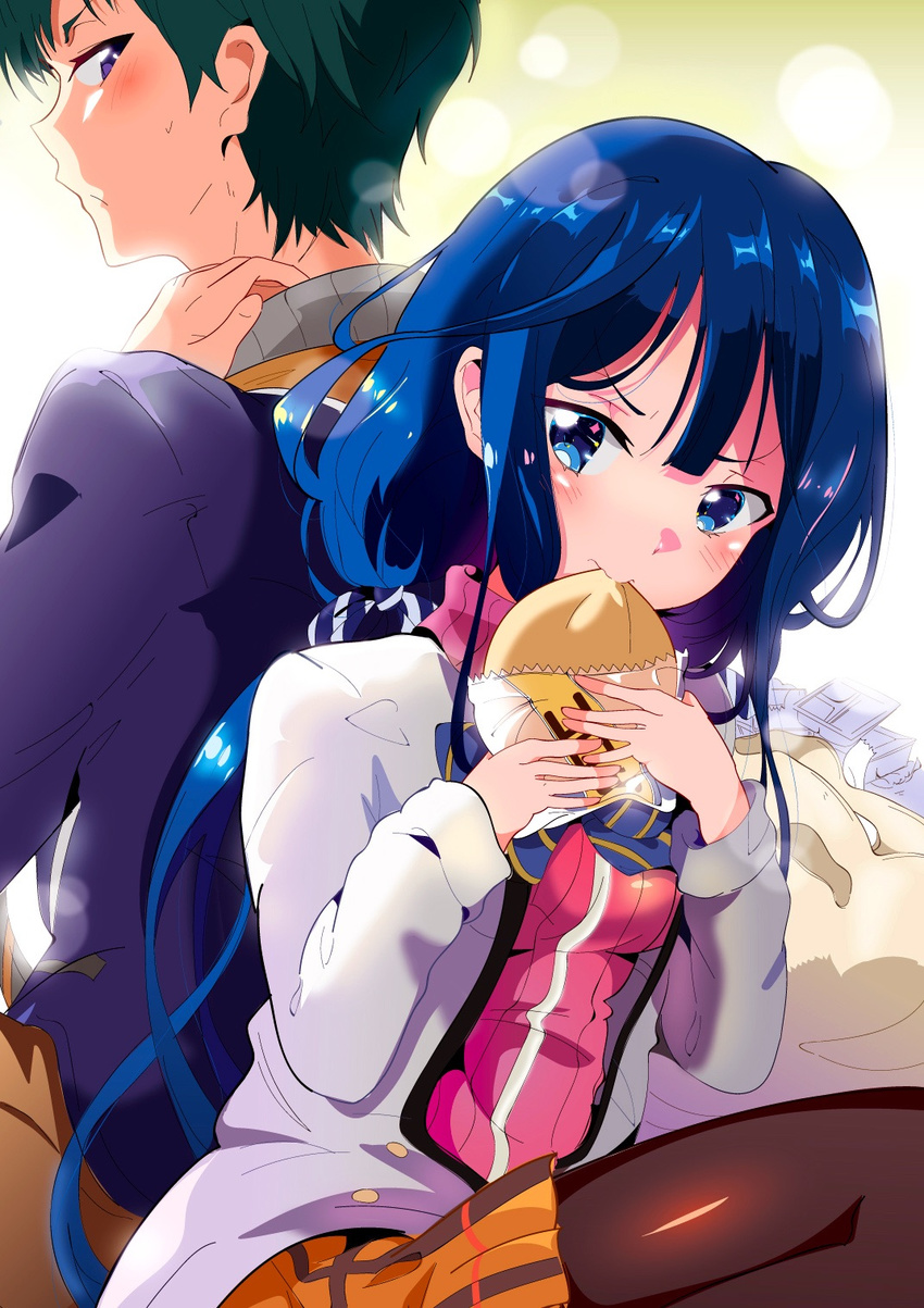 >:) 1boy adagaki_aki aloe_(kenkou3733) back-to-back baozi black_legwear blue_eyes blue_hair blush breasts brown_pants closed_mouth commentary_request eating female food food_wrapper green_hair hair_ribbon highres holding holding_food jacket lens_flare long_hair long_sleeves low_twintails makabe_masamune masamune-kun_no_revenge medium_breasts open_clothes open_jacket orange_skirt package pants pantyhose photoshop_(medium) plaid plaid_skirt profile ribbon sitting skirt smile striped striped_ribbon sweatdrop twintails v-shaped_eyebrows very_long_hair white_jacket