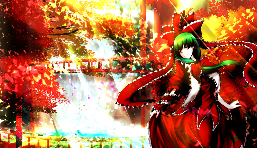 arm_ribbon autumn_leaves bow bridge capelet closed_mouth commentary_request dress female front_ponytail green_eyes green_hair hair_ribbon hairbow highres itocoh kagiyama_hina light_rays long_hair looking_to_the_side red_bow red_dress red_ribbon ribbon scenery skirt_hold solo sunbeam sunlight touhou tree water