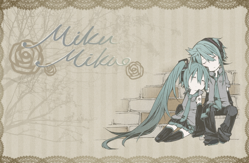 1boy aqua_hair bad_id bad_pixiv_id border closed_eyes detached_sleeves dress dual_persona female genderswap_(ftm) hatsune_miku hatsune_mikuo headphones inazumrai long_hair necktie rule_63 short_hair skirt sleeping thighhighs twintails very_long_hair vocaloid zettai_ryouiki