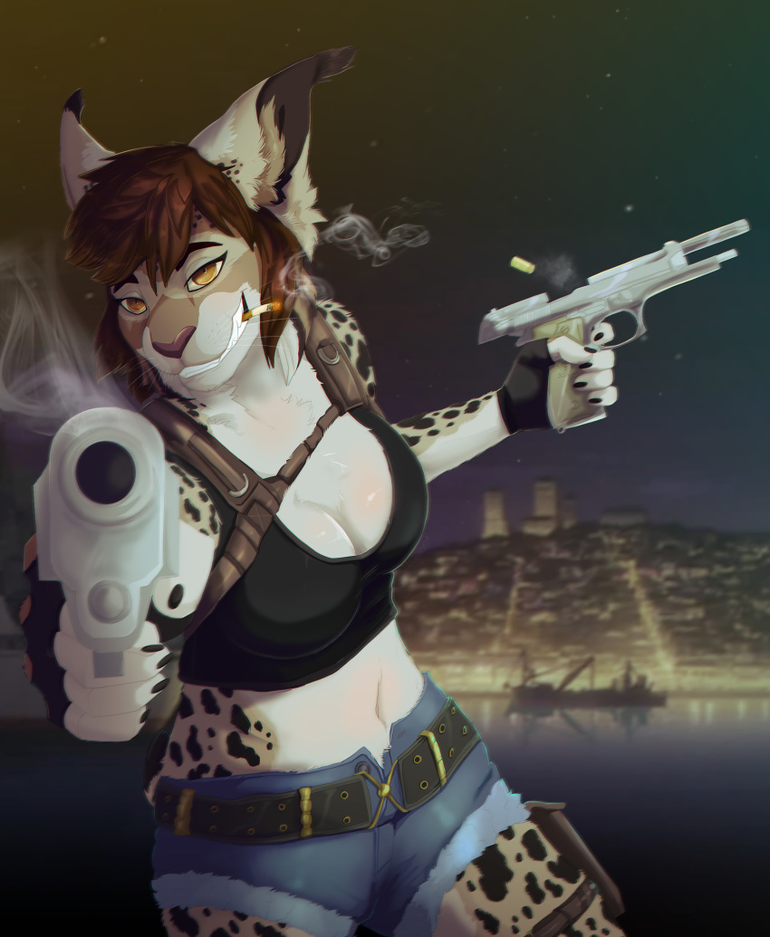 9mm absurd_res aiming aiming_at_viewer amber_eyes anthro beretta black_lagoon bottomwear breasts brown_hair bullet_casing cigarette cleavage clothed clothing cosplay crop_top crossover dual_wielding felid feline female grin gun gunslinger hair handgun hi_res holding_gun holding_handgun holding_object holding_pistol holding_ranged_weapon holding_weapon holster hotpants jeanwoof looking_at_viewer lynx mammal midriff night object_in_mouth outside pistol ranged_weapon revy_(black_lagoon) shell shirt shorts smile smoking smoking_cigarette smoking_gun solo topwear weapon zaire_(nightdancer)