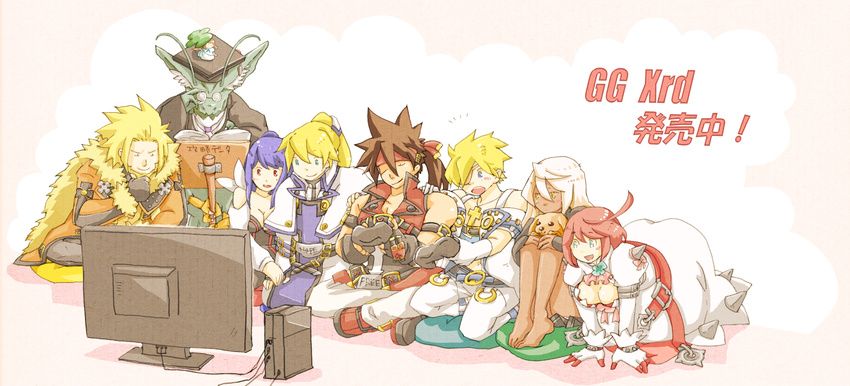 3girls 5boys ahoge arc_system_works blonde_hair blue_eyes book brown_hair closed_eyes dizzy dr._paradigm dr_paradigm dress elphelt_valentine guilty_gear guilty_gear_xrd ky_kiske leo_whitefang multiple_boys multiple_girls pink_hair playing playstation playstation_4 ps4 purple_hair ramlethal_valentine sin_kiske sitting sol_badguy sony television tv yellow_eyes