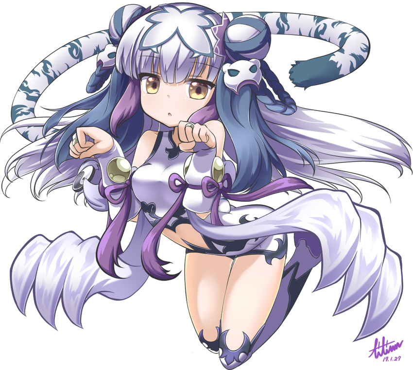 bare_shoulders blue_hair braid bridal_gauntlets chinese_clothes commentary dated double_bun female hair_bun hair_ornament haku_(p&d) lilium0235 long_hair looking_at_viewer multicolored_hair open_mouth paw_pose purple_hair puzzle_&_dragons signature solo tail tiger_tail white_hair yellow_eyes yin_yang