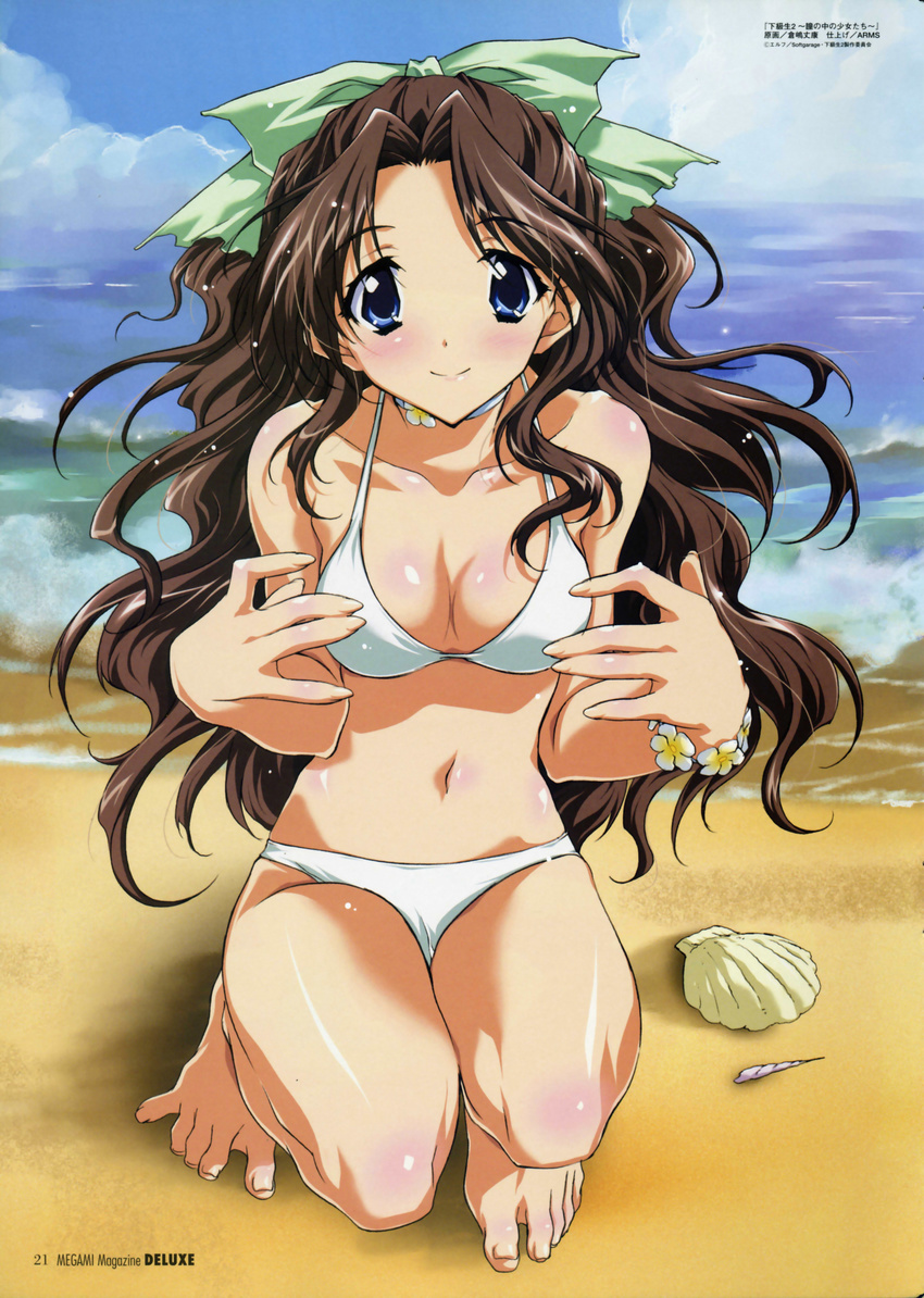 absurdres barefoot beach bikini blue_eyes blush breasts brown_hair choker cleavage feet female highres kadoi_aya kakyuusei_2 kurashima_tomoyasu long_hair official_art seashell shell shells shirai_yuuri solo spread_toes swimsuit toes very_long_hair