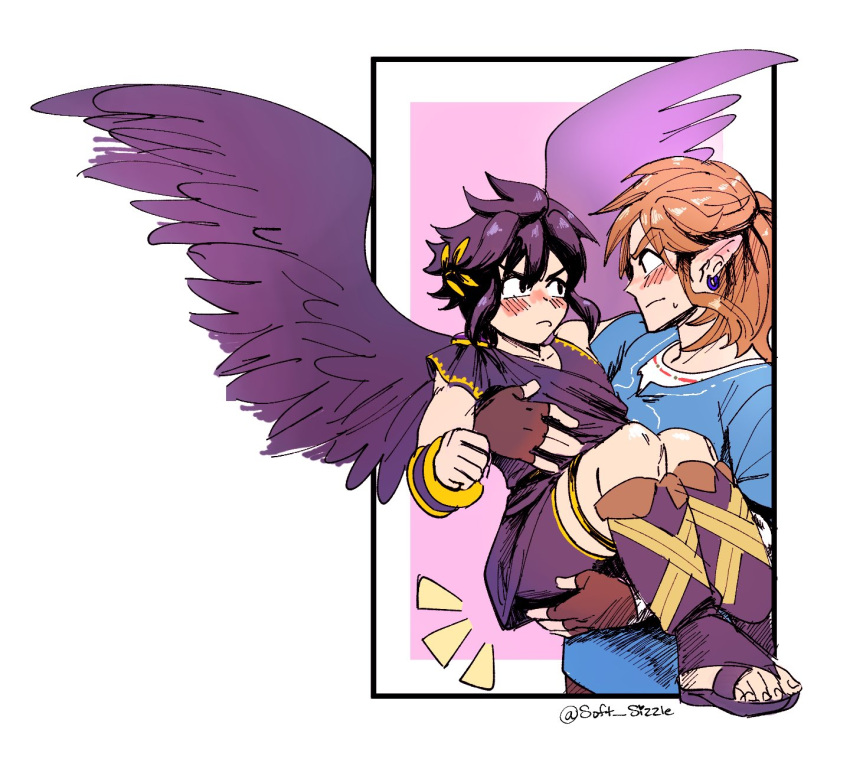 angel black_hair blonde_hair blush carrying_another clothing crossover crossover_ship dark_pit duo elf feathered_wings feathers hair hi_res humanoid humanoid_on_humanoid humanoid_pointy_ears hylian kid_icarus light_body light_skin link male male/male nintendo not_furry signature simple_background soft_sizzle the_legend_of_zelda winged_humanoid wings