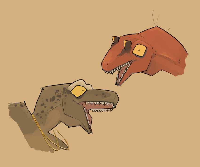 2024 brown_background brown_body digital_media_(artwork) dinosaur duo extinct golden_necklace jewelry necklace open_mouth orange_eyes prehistoric_species red_body reptile scalie sharp_teeth simple_background teeth zagz