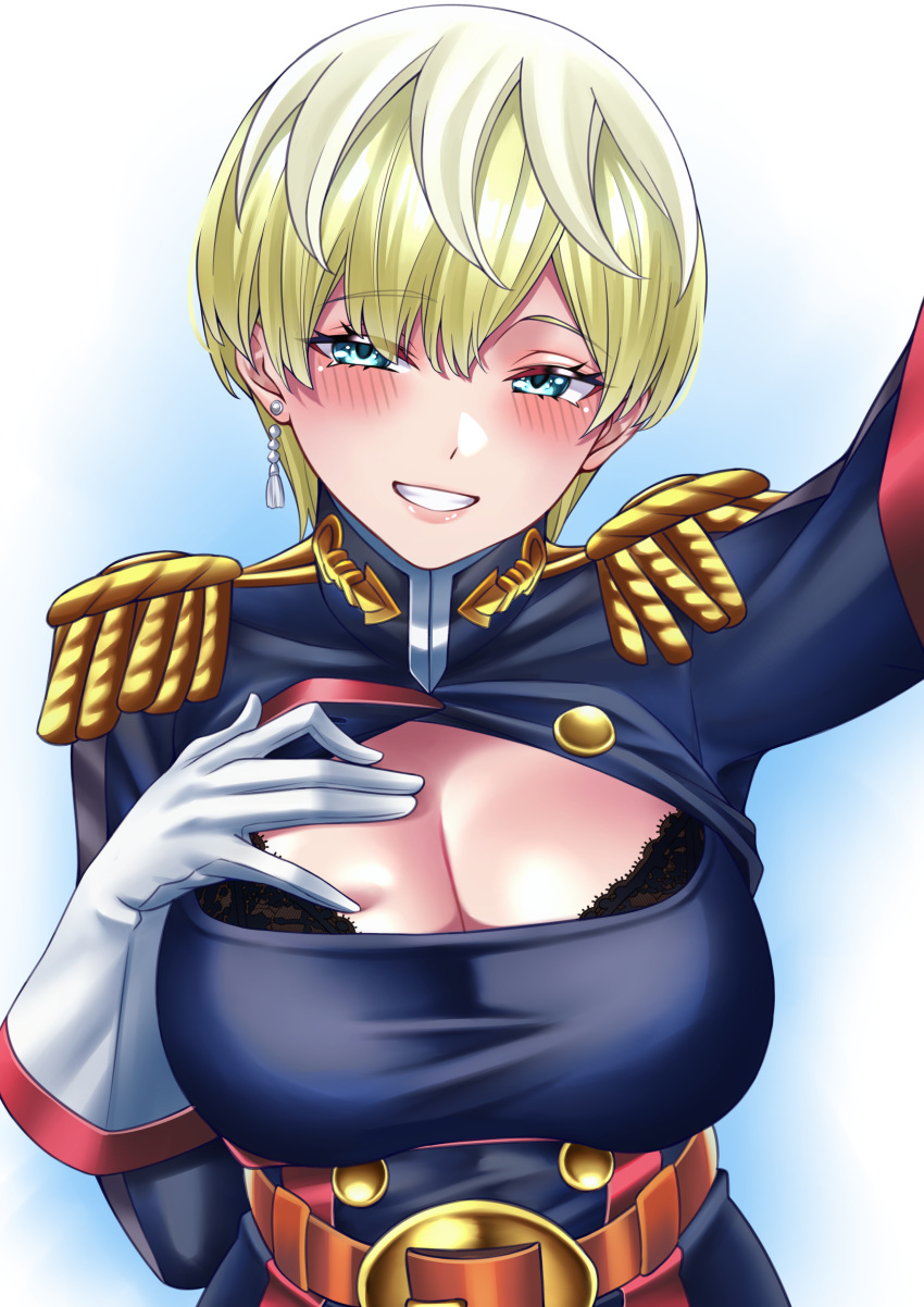 absurdres black_bra black_coat blonde_hair blue_eyes blush bra breasts cleavage cleavage_cutout clothing_cutout coat female gloves highres izumo_tenka lace lace_bra large_breasts looking_at_viewer mato_seihei_no_slave parted_lips shoulder_pads smile solo teeth underwear upper_body wanzi_(99wanzi99) white_gloves