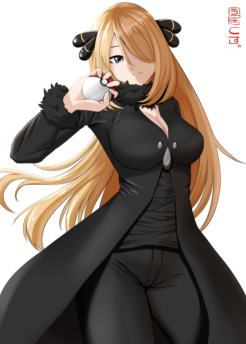 absurdres black_coat black_pants black_shirt breasts cleavage closed_mouth coat cowboy_shot cynthia_(pokemon) female fur-trimmed_coat fur_collar fur_trim grey_eyes hair_ornament hair_over_one_eye highres holding holding_poke_ball imai_kusu large_breasts long_hair looking_at_viewer pants poke_ball poke_ball_(basic) pokemon pokemon_dppt shirt simple_background smile solo very_long_hair white_background