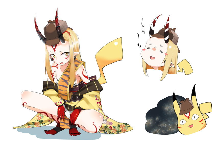 bare_shoulders bead_belt blonde_hair breasts closed_eyes colored_extremities dai_yasude detective_pikachu detective_pikachu_(character) earrings facial_mark fate/grand_order fate_(series) female forehead forehead_mark hair_pulled_back highres horns ibaraki_douji_(fate) japanese_clothes jewelry kimono long_hair long_sleeves looking_at_viewer multiple_views off_shoulder oni open_mouth pikachu pokemon red_hands sash small_breasts smile squatting tattoo wide_sleeves yellow_eyes yellow_kimono