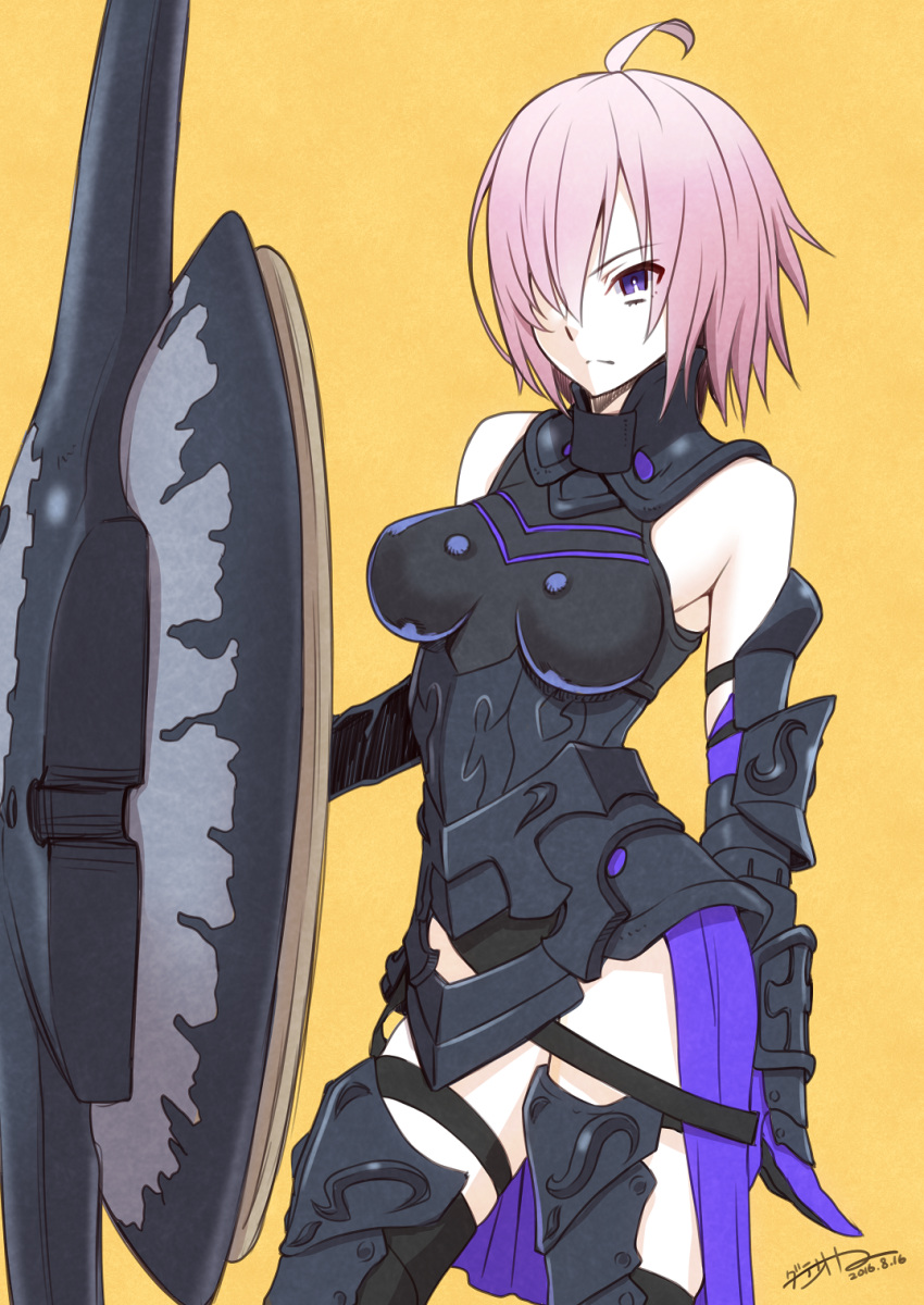 ahoge armor armored_leotard breasts commentary_request date_naoto fate/grand_order fate_(series) female hair_over_one_eye highres lord_camelot_(fate) mash_kyrielight medium_breasts orange_background pink_hair purple_eyes serious shield short_hair simple_background solo