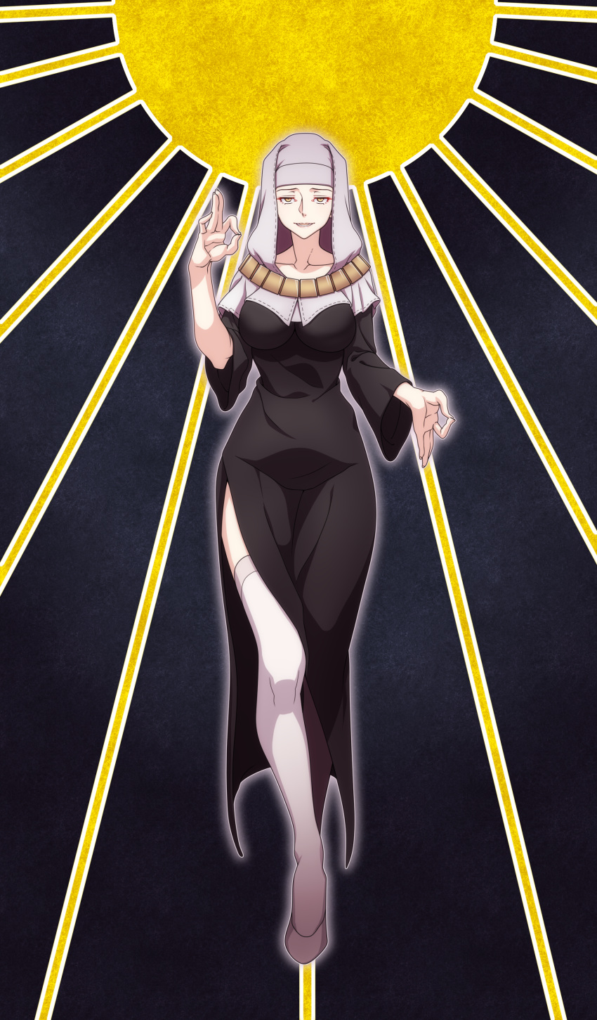 absurdres black_dress breasts buddhist_nun commentary_request date_naoto dress fate/extra fate/extra_ccc fate/grand_order fate_(series) female full_body highres large_breasts looking_at_viewer mudra nun sessyoin_kiara side_slit smile solo thighhighs vitarka_mudra white_thighhighs yellow_eyes